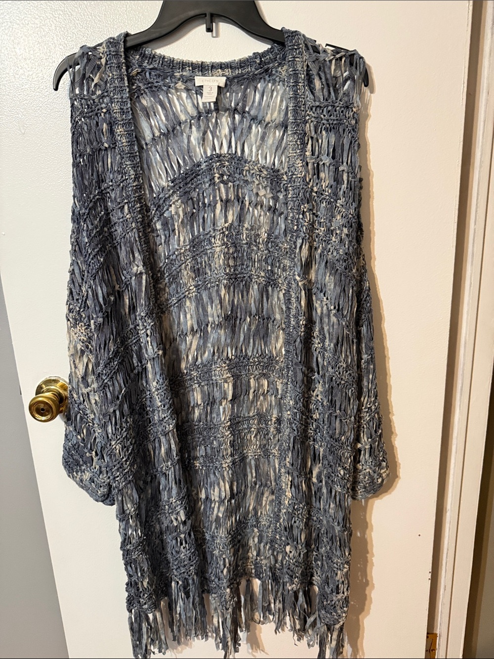 Chico's Open-Knit Fringe Long-Sleeve Vest in Washed Blue